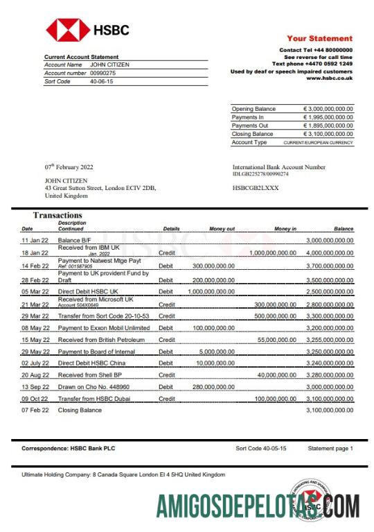 Extrato bancário HSBC do Reino Unido para impressão, modelo Word e PDF, versão 2